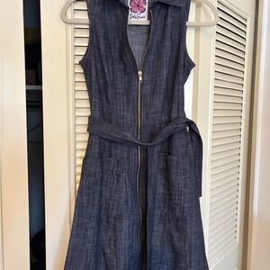 Stylish Denim Zip-Front Midi Dress Pockets Belt XS Excellent Condish
